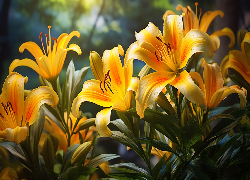 Kwiaty, Żółto-pomarańczowe, Lilie, Listki