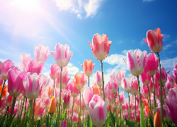 Tulipany, Różowe, Kwiaty, Niebo, Promienie słońca