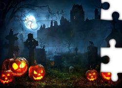 Halloween, Cmentarz, Dynie, Mgła, Zamek, Noc, Księżyc