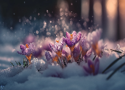 Fioletowe, Krokusy, Śnieg, Grafika, AI