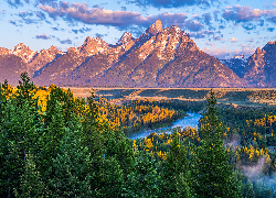 Stany Zjednoczone, Wyoming, Park Narodowy Grand Teton, Rzeka, Snake River, Drzewa, Lasy, Góry, Szczyty