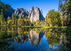 Stany Zjednoczone, Kalifornia, Park Narodowy Yosemite, Góry Sierra Nevada, Rzeka, Merced River, Drzewa, Odbicie