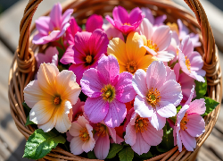Różowe, Żółte, Kremowe, Kwiaty, Koszyk, Wiklinowy