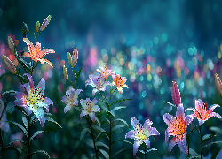 Kolorowe, Lilie, Bokeh, Grafika AI