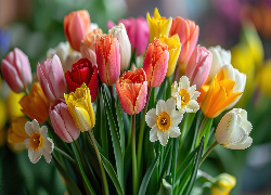 Kwiaty, Kolorowe, Tulipany, Narcyzy