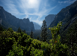 Park Narodowy Yosemite, Góry, Drzewa, Mgła, Skały, Liście, Wodospad, Kalifornia, Stany Zjednoczone