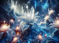 Kwiaty, Niebieskie, Grafika, Dym