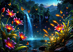 Kwiaty, Motyle, Wodospad, Drzewa, Grafika