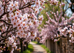 Kwitnące, Drzewa owocowe, Gałązki, Jasnoróżowe, Kwiaty, Droga, Grafika AI