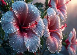 Hibiskusy, Mokre, Kwiaty, Krople, Grafika