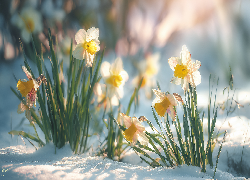 Narcyzy, Kwiaty, Śnieg, Grafika AI