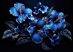 Niebieskie, Kwiaty, Czarne, Tło, Grafika