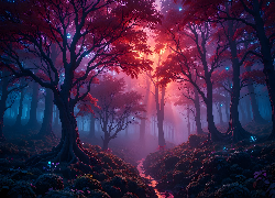 Grafika, Komputerowa, Krajobraz, Las, Natura, Przyroda, Drzewa, Iluminacja, Światełka, Rzeka, Światło
