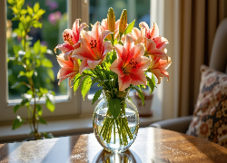 Kwiaty, Pomarańczowe, Lilie, Szklany, Wazon, Stół, Okno