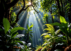 Las, Roślinność, Liście, Drzewa, Przebijające światło, Grafika AI