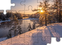 Zima, Rzeka Kymijoki, Las, Drzewa, Promienie słońca, Finlandia