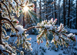 Gałęzie, Śnieg, Promienie słońca, Las, Grafika AI