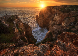 Portugalia, Algarve, Skały, Morze, Wschód słońca