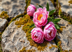 Różowe, Piwonie, Mech
