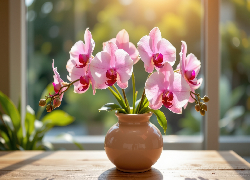 Kwiaty, Różowe, Storczyki, Orchidea, Wazon, Okno