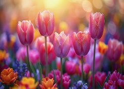 Tulipany, Kwiaty, Różowe, Zachód słońca, Grafika