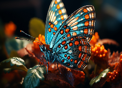 Motyl, Niebieski, Kwiaty, Liście, Grafika