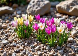 Białe, Różowe, Żółte, Krokusy, Kamienie