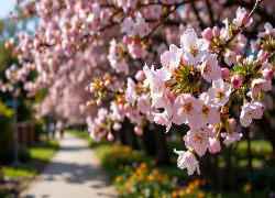 Wiosna, Drzewa owocowe, Gałązki, Różowe, Kwiaty, Droga