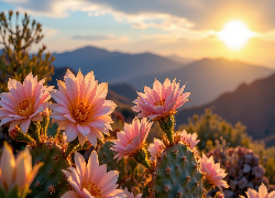 Różowe, Kwiaty, Kaktusy, Wschód słońca