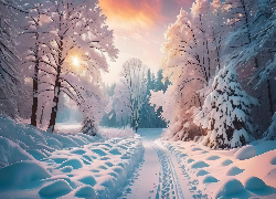 Zima, Drzewa, Droga, Słoneczny, Dzień, Grafika