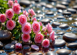 Różowe, Róże, Kamienie, Woda