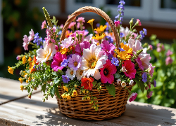 Kwiaty, Kolorowe, Bukiet, Koszyk, Stół