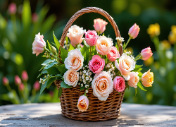 Kwiaty, Róże, Wiklinowy, Koszyk
