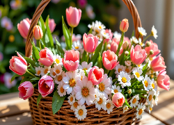 Tulipany, Stokrotki, Bukiet, Koszyk, Grafika AI