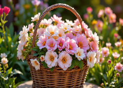 Kwiaty, Różowe, Kosz, Ogród