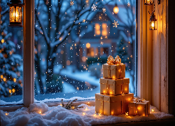 Okno, Śnieg, Zima, Prezenty, Lampiony