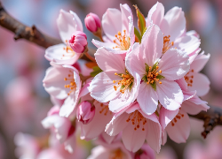 Różowe, Kwiaty, Grafika AI, Drzewo owocowe