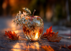 Szklane, Jabłko, Białe, Kwiaty, Liście, Grafika AI