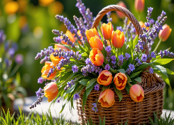 Kwiaty, Lawenda, Tulipany, Koszyk