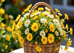 Żółte, Białe, Kwiaty, Listki, Wiklinowy, Koszyk