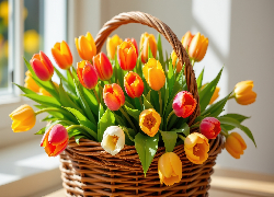 Kwiaty, Żółte, Czerwone, Tulipany, Wiklinowy, Koszyk
