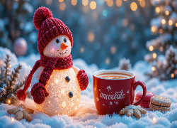 Rozświetlony, Bałwanek, Czapka, Szalik, Rękawice, Kubek, Kawa, Ciasteczka, Gałązki, Śnieg