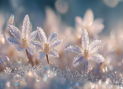 Białe, Kwiaty, Śniedek baldaszkowaty, Śnieg, Zima, Grafika AI