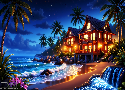 Plaża, Morze, Palmy, Domy, Grafika AI