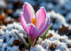 Kwiat, Krokus, Śnieg, Grafika AI