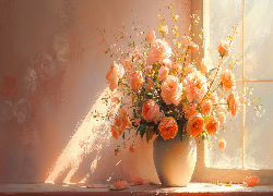 Kwiaty, Róże, Wazon, Ściana, Okno