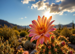 Kaktus, Kwiat, Niebo, Słońce, Grafika AI