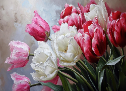 Kwiaty, Tulipany, Białe, Różowe, Czerwone, Malarstwo, Obraz