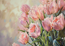 Różowe, Tulipany, Listki, Obraz, Malarstwo