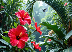 Rozwinięte, Czerwone, Kwiaty, Hibiskus, Liście
